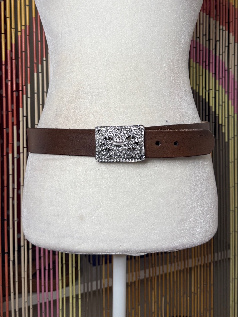 90s Western Boho Leather Belt with Detachable Rhinestone Buckle